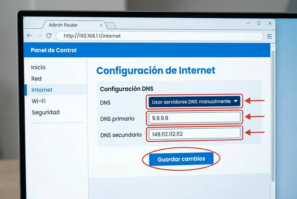 Configuración manual de DNS Quad9 en el panel de un router