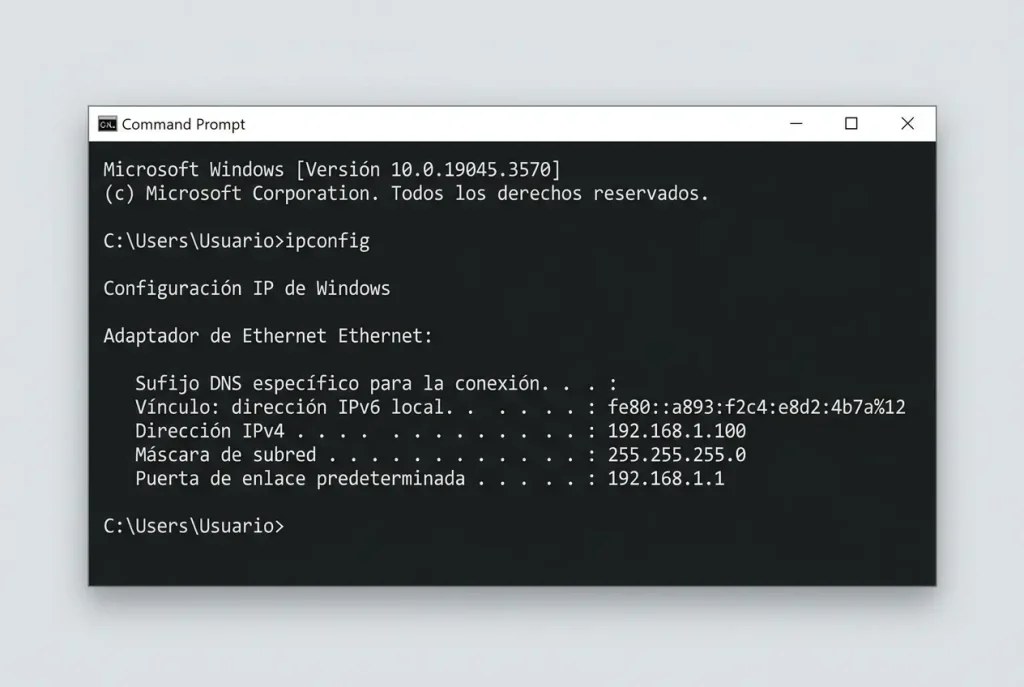 Resultado del comando ipconfig en Windows mostrando la puerta de enlace predeterminada del router