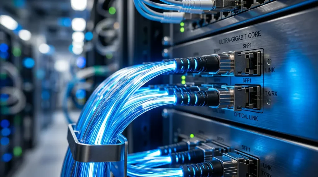 Conexiones de fibra óptica de alta velocidad en servidores de Raiola Networks