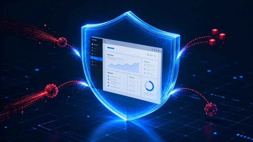 Ilustración de seguridad en WordPress con un escudo digital protegiendo una página web de ciberataques.