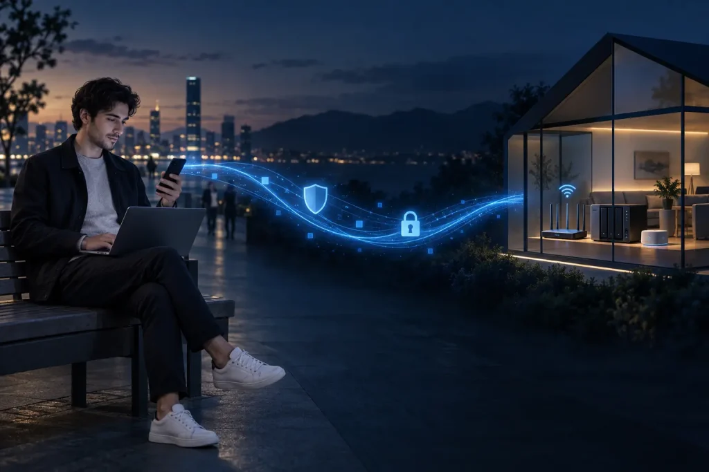 Móvil y portátil conectados de forma segura a una red doméstica con router, NAS y domótica