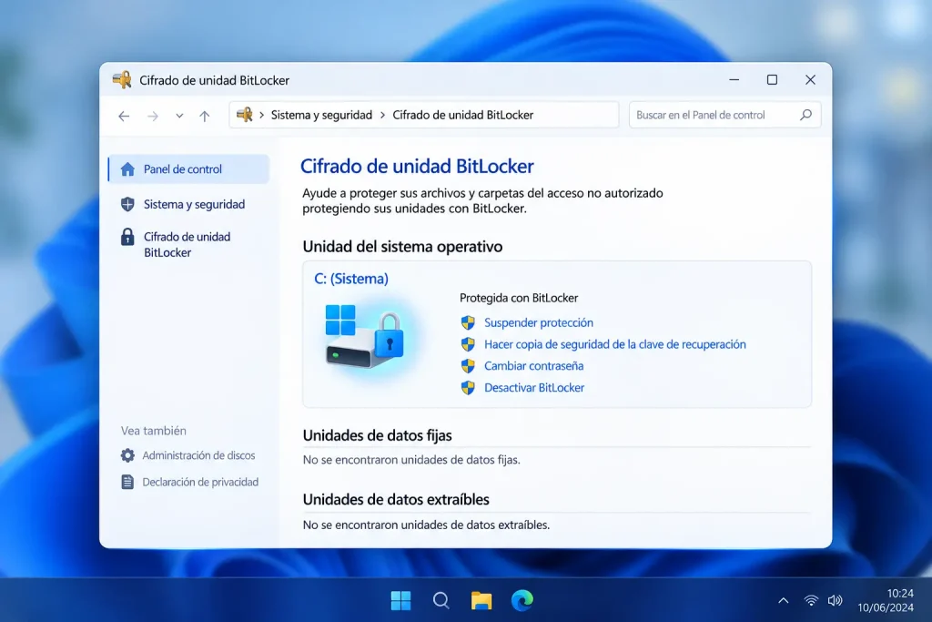 Panel de control de Windows con BitLocker activado en la unidad C