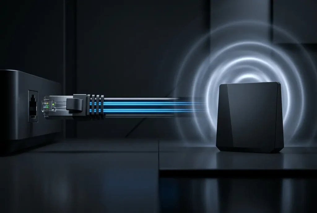 Contraste visual entre cable Ethernet con doble canal bidireccional y ondas de red Wi‑Fi en medio compartido