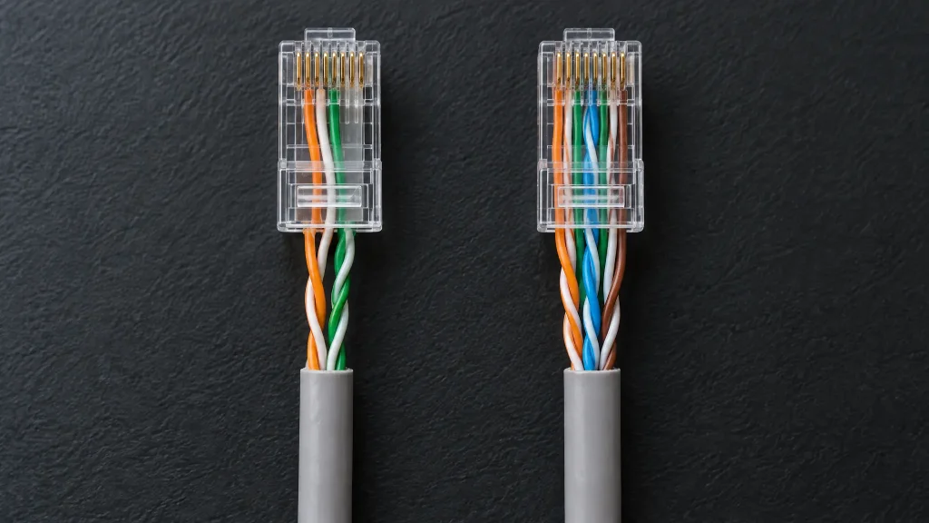 Dos cables de red con cuatro y ocho hilos visibles junto a sus conectores RJ45