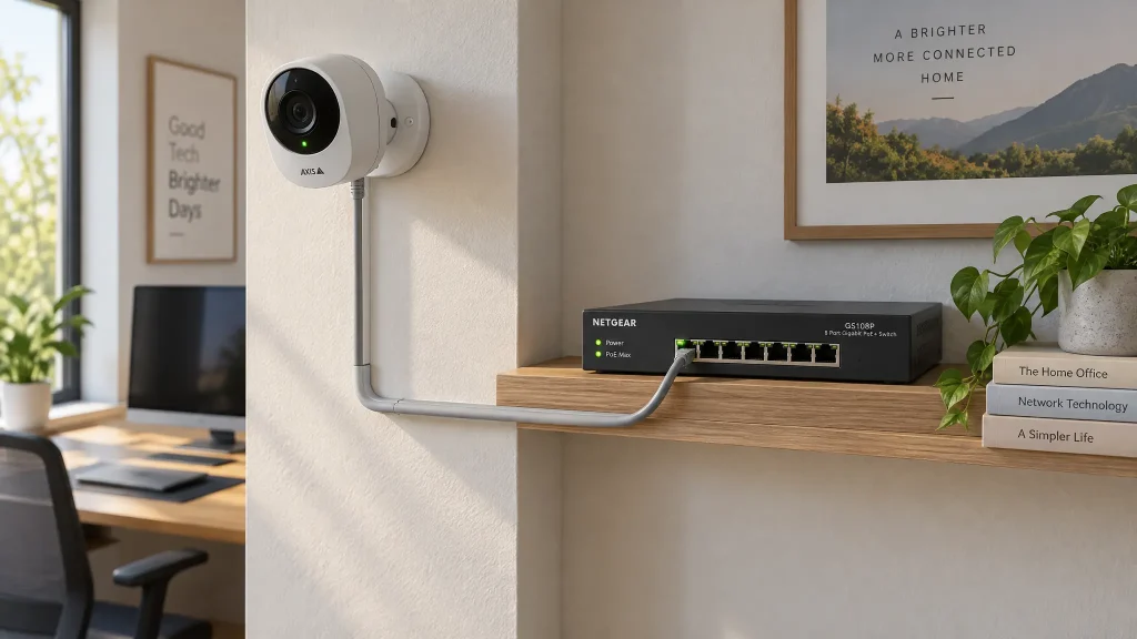 Cámara IP conectada mediante un cable de red a un switch PoE