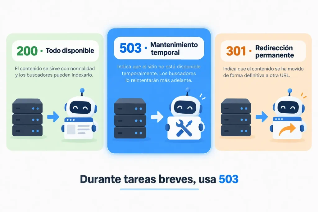 Comparativa entre los códigos 200, 503 y 301 durante el mantenimiento de una web