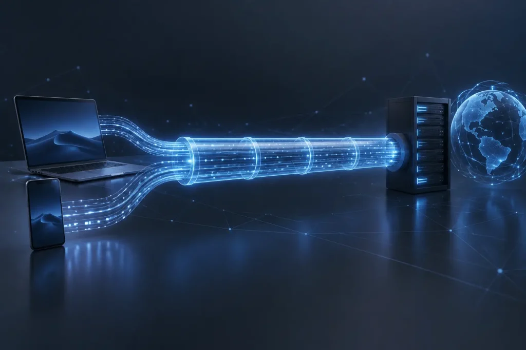Funcionamiento de una VPN con un túnel cifrado entre dispositivos e Internet