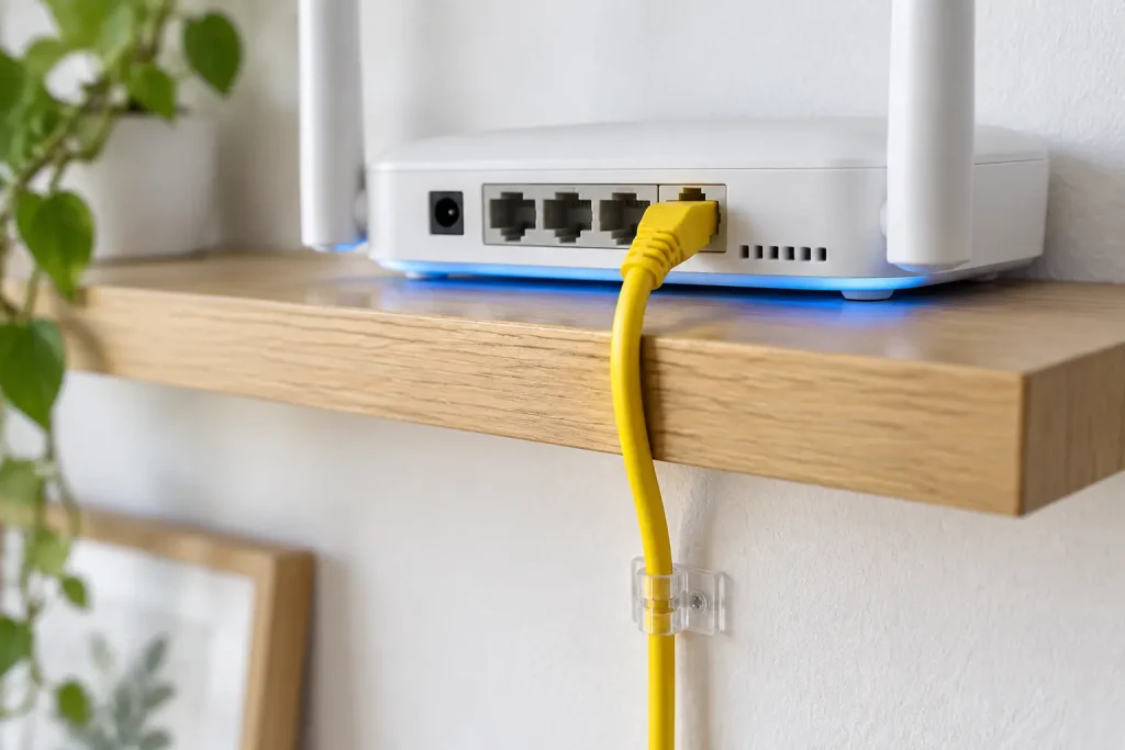 Cable de red Ethernet conectado al puerto LAN de un router doméstico en un estante