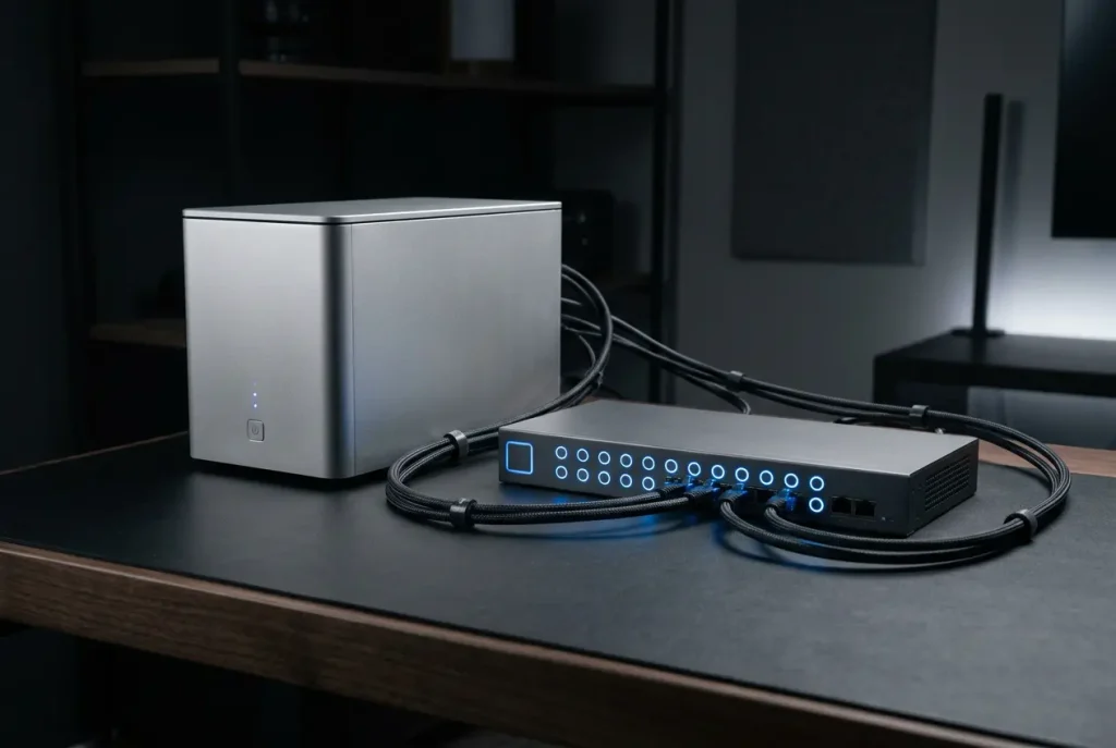 Servidor NAS y switch de red conectados por cable Ethernet para transferencias de datos estables en red local