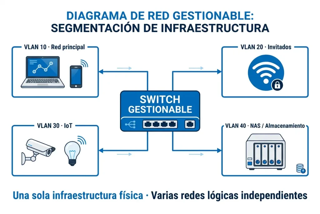 VLANs y segmentación de red con red principal, invitados, dispositivos IoT y NAS