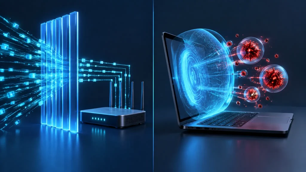 Comparativa visual entre un firewall que filtra conexiones de red y un antivirus que detecta malware en un ordenador