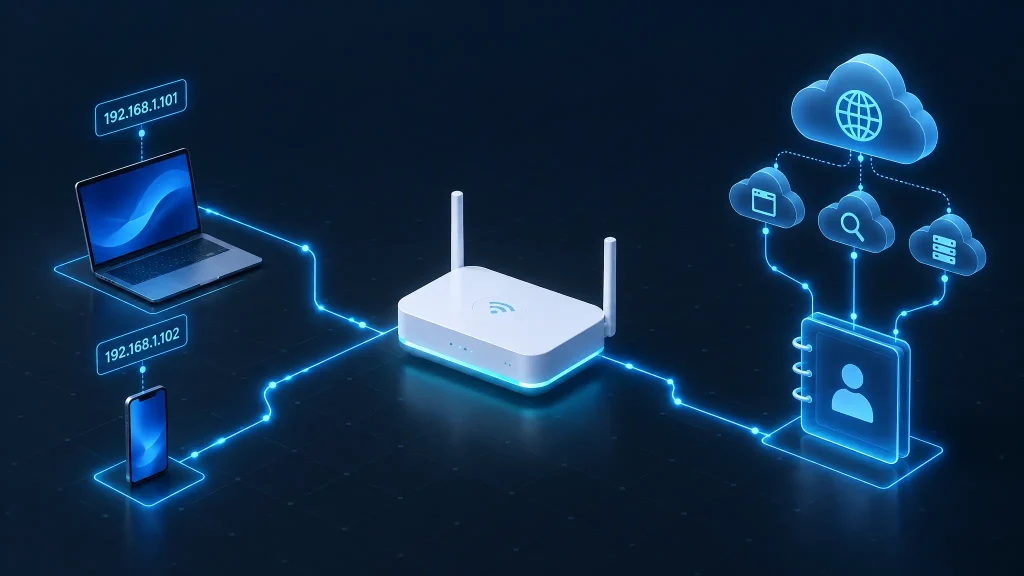 Ilustración de DNS frente a DHCP en una red doméstica