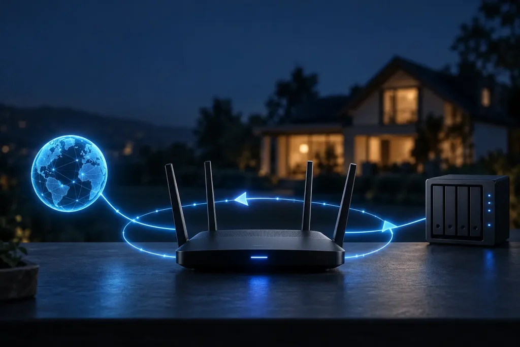 Router doméstico conectado a Internet y a un NAS para representar el DNS dinámico