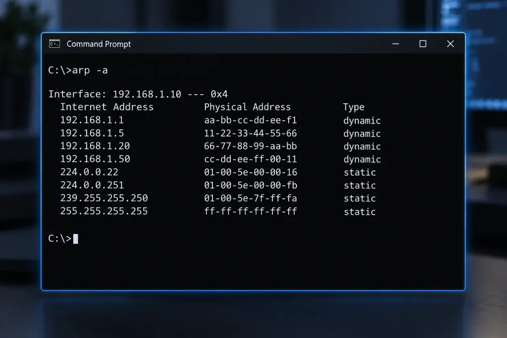 Ejemplo anonimizado de una tabla ARP en Windows tras ejecutar el comando arp -a