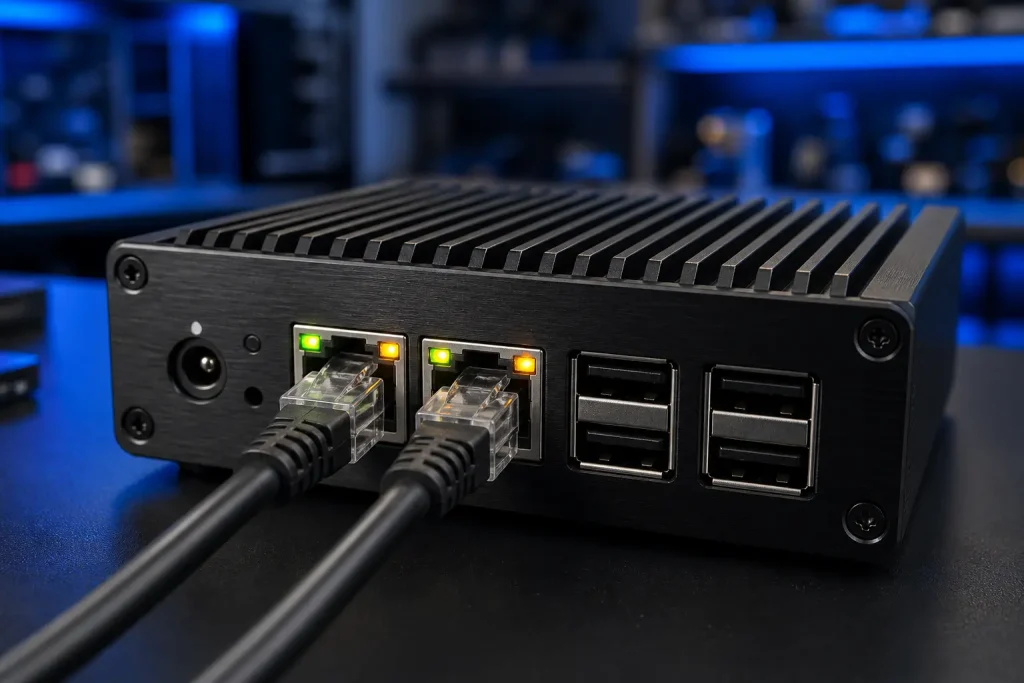 Detalle de los puertos de red Ethernet RJ45 en la parte trasera de un mini PC para router OPNsense
