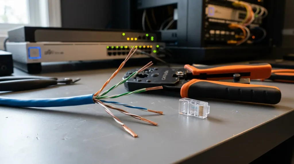 Detalle de los ocho hilos de un cable de red descubiertos junto a conector RJ45 y switch PoE