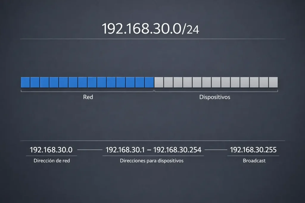 Qué significa 192.168.30.0/24 y cómo se divide una máscara /24