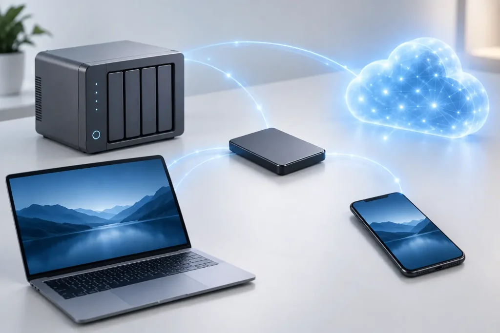 Estrategia híbrida con un NAS, un disco externo y almacenamiento en la nube