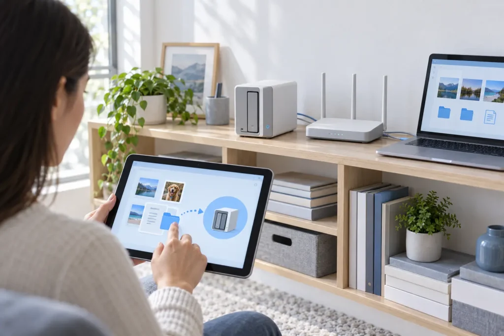 NAS doméstico conectado a un router y a varios dispositivos para centralizar archivos