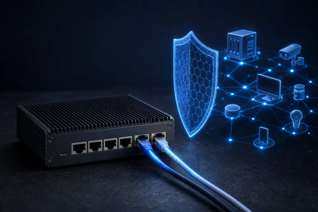 Qué es OPNsense: mini PC conectado como router y firewall en una red doméstica