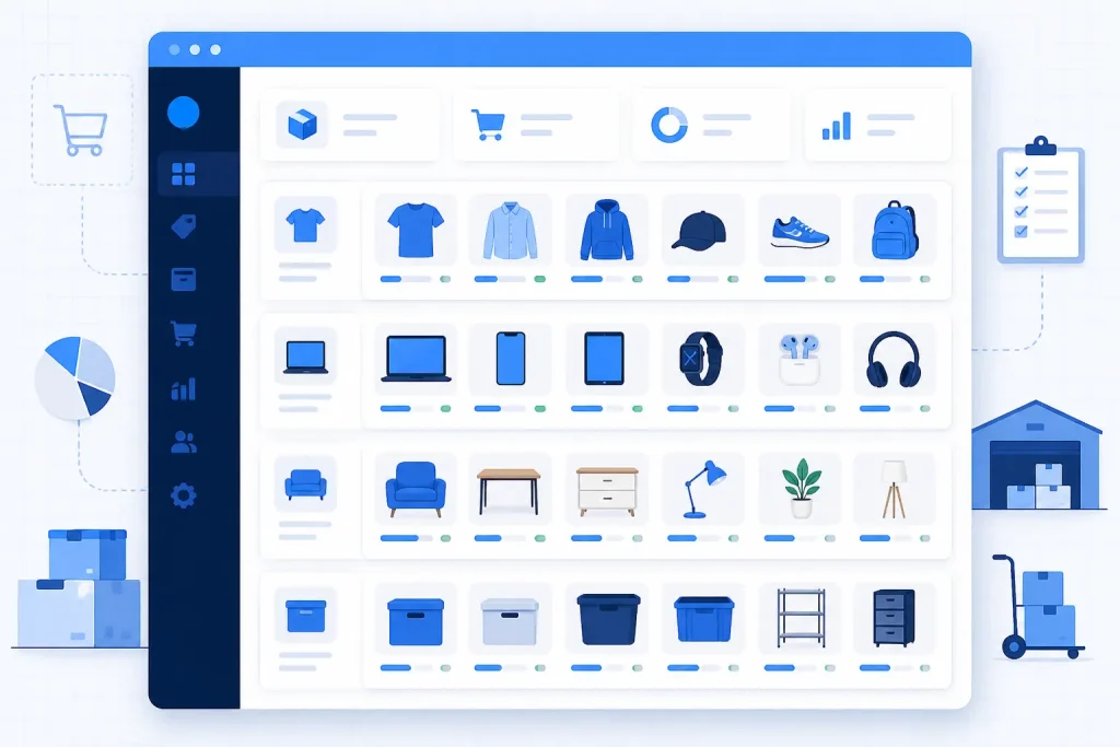 Panel de tienda online con varias categorías de productos representando un catálogo extenso en PrestaShop