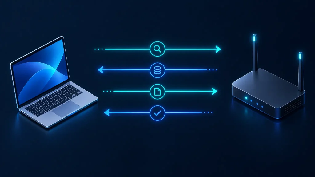 Esquema técnico del flujo de comunicación entre un dispositivo cliente y el router para solicitar y recibir configuración por DHCP