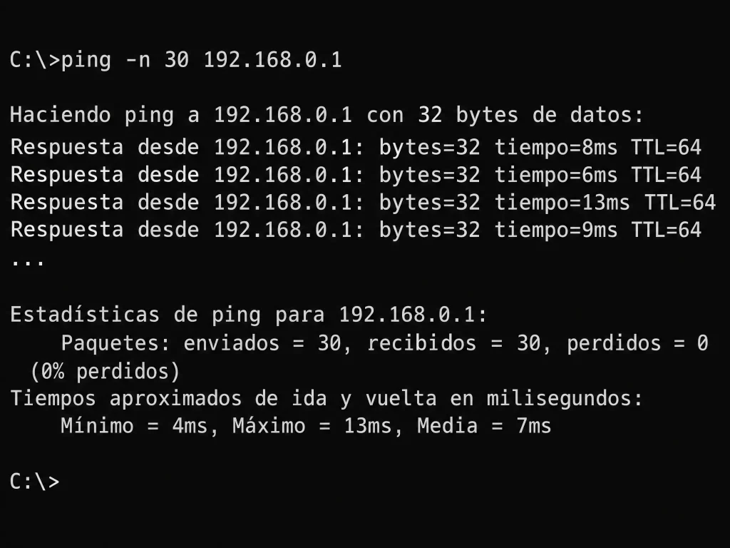 Resultado de ping al router 192.168.0.1 con 30 paquetes recibidos, sin pérdidas y una latencia media de 9 ms