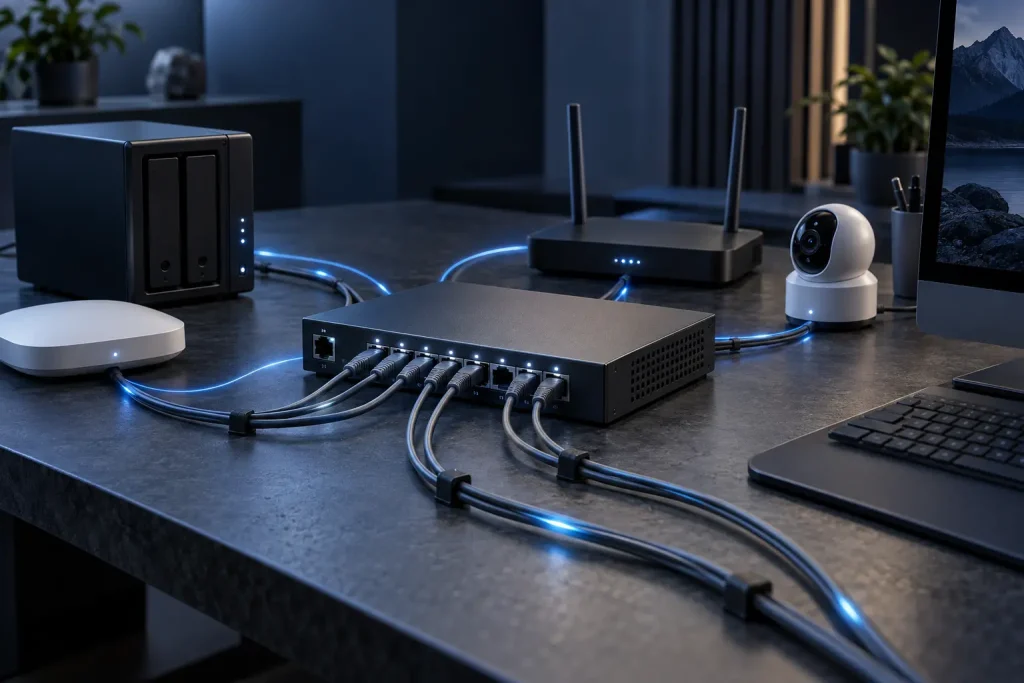 Switch gestionable conectado a router, NAS, punto de acceso Wi-Fi, cámara IP y ordenador