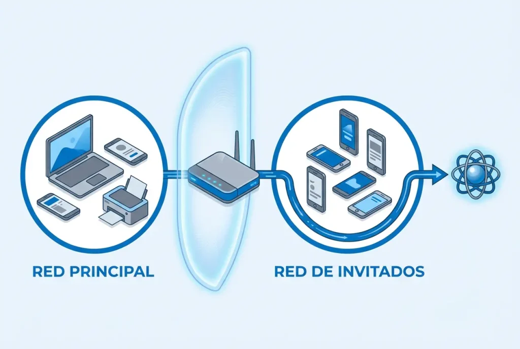 Esquema de una red Wi-Fi principal separada de una red Wi-Fi de invitados con acceso a internet