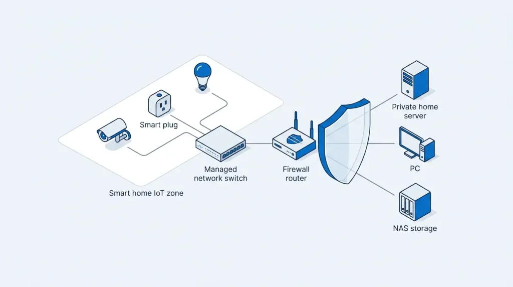 Diagrama de reglas de firewall para aislar una VLAN IoT doméstica