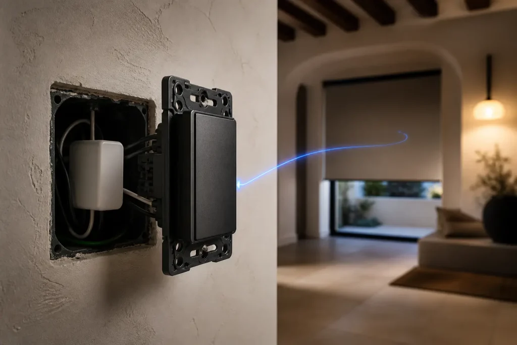 Relé domótico instalado detrás de un interruptor para controlar luces y persianas de forma local