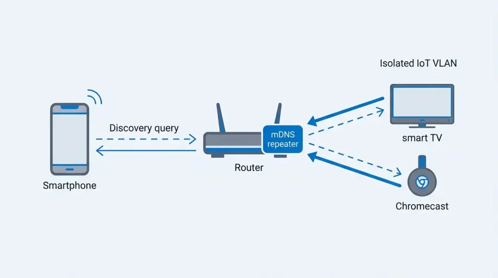 Esquema de funcionamiento de repetidor mDNS entre red principal y VLAN IoT
