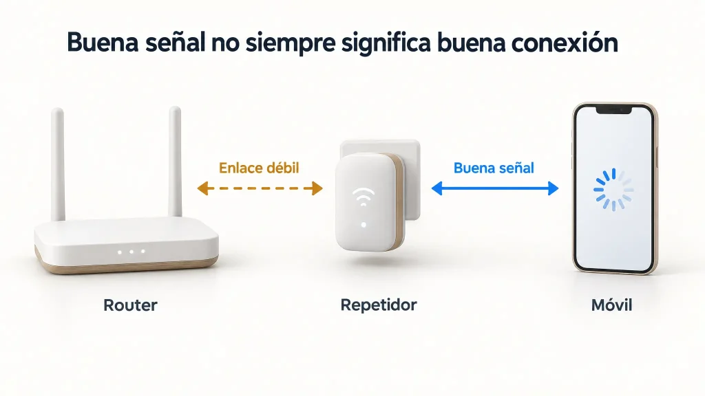 Router con enlace débil al repetidor y móvil con buena señal desde el repetidor