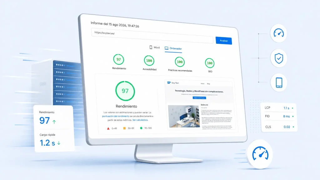 Métricas de rendimiento de Google PageSpeed Insights con 97 de rendimiento y 100 en SEO y accesibilidad
