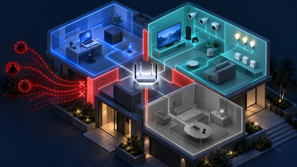 Red doméstica segmentada con ordenador, NAS, dispositivos IoT e invitados protegidos por un firewall