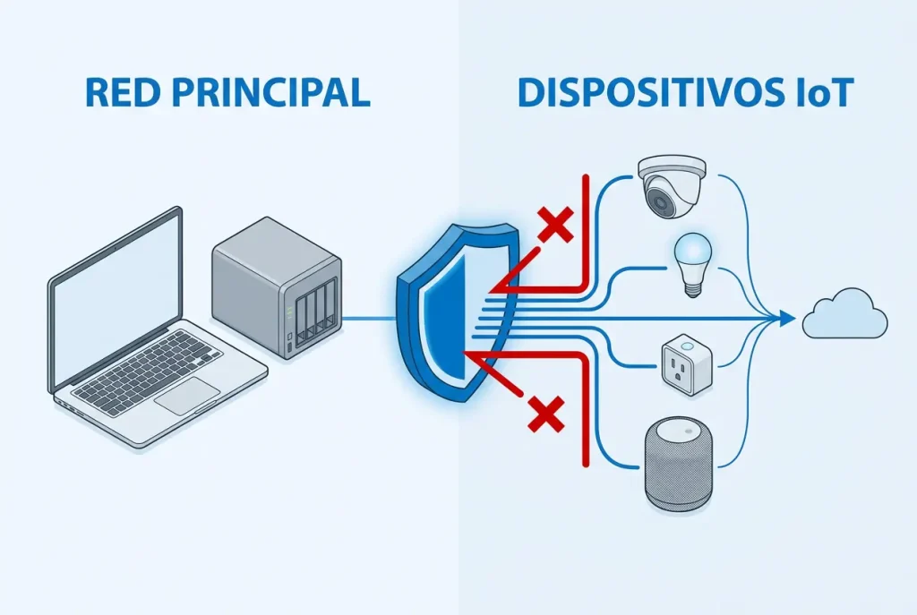 Esquema de una red principal aislada de los dispositivos IoT mediante un firewall