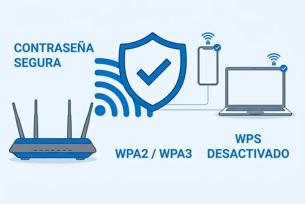 Router doméstico protegido con una contraseña segura, cifrado WPA2 o WPA3 y WPS desactivado