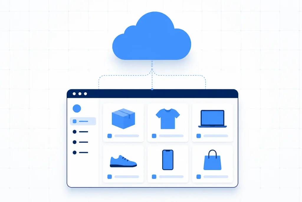 Nube conectada a un panel de tienda online representando Shopify como plataforma alojada