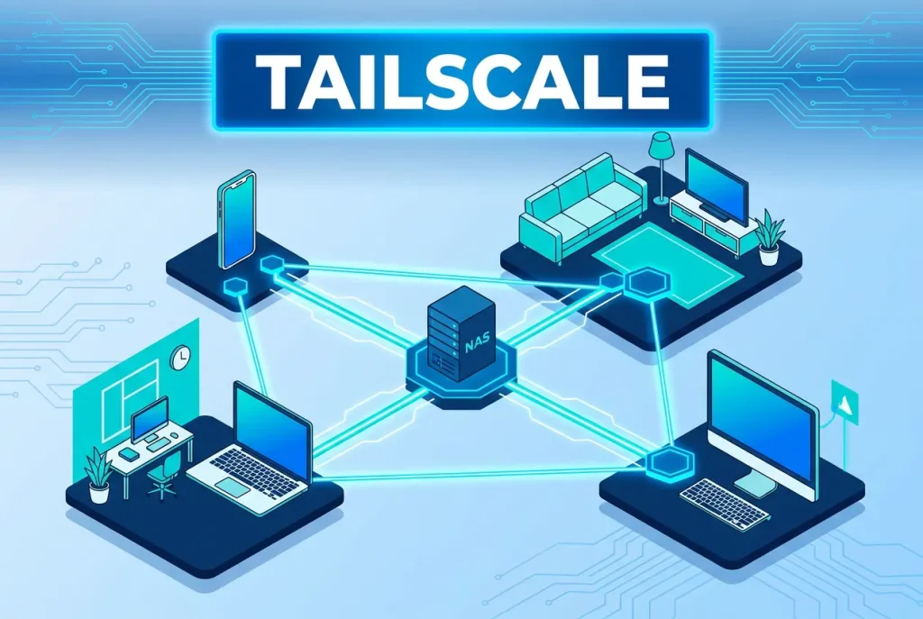 Tailscale conecta un móvil, un portátil, un NAS y un ordenador en una red privada