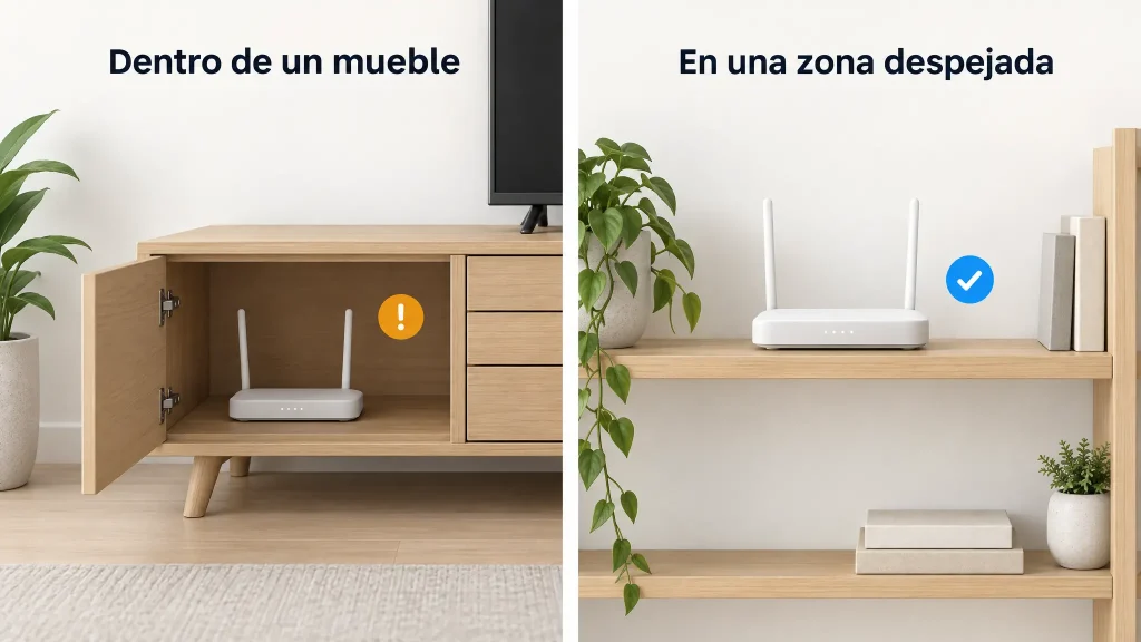 Comparación de un router dentro de un mueble y otro situado en una estantería despejada