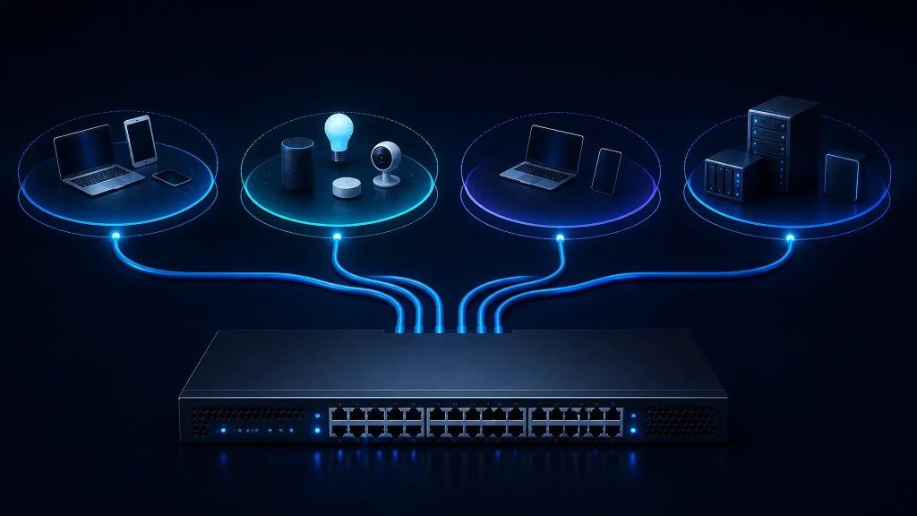 Representación visual de segmentación de red y VLANs mediante un switch gestionable y conexiones seguras