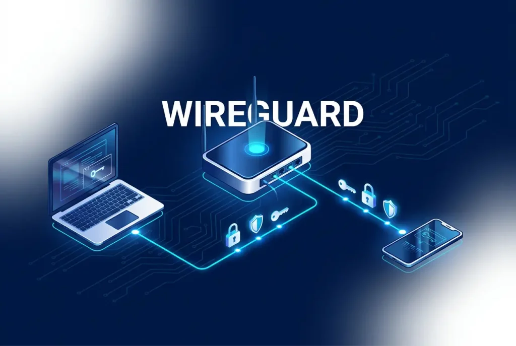WireGuard conecta un móvil y un portátil con un router doméstico mediante una VPN cifrada