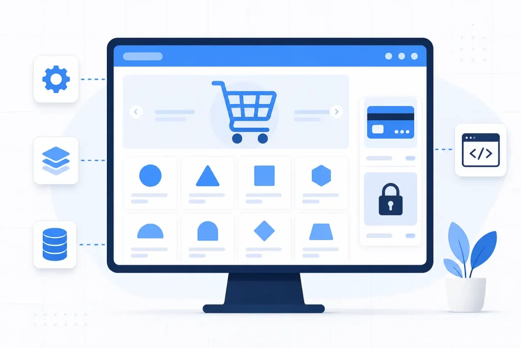 Panel con carrito de compra y productos representando una tienda online con WooCommerce